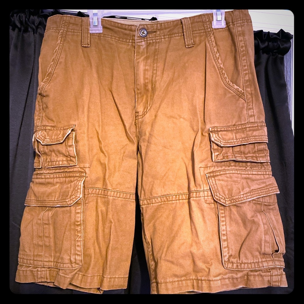 Dark khaki cargo shorts.